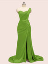 Sexy One Shoulder Long Soft Satin Mermaid Party Prom Dresses With Slit