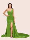 Sexy Mermaid One Shoulder Long Soft Satin Side Slit Bridesmaid Dresses