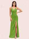 Sexy Spaghetti Straps V-neck Long Silky Soft Satin Formal Prom Dresses With Slit