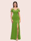 Sexy Cold Shoulder V-Neck Side Slit Mermaid Long Soft Satin Evening Prom Dresses