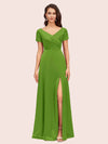 Elegant V-Neck Short Sleeves Long Soft Satin Party Prom Dresses With Slit