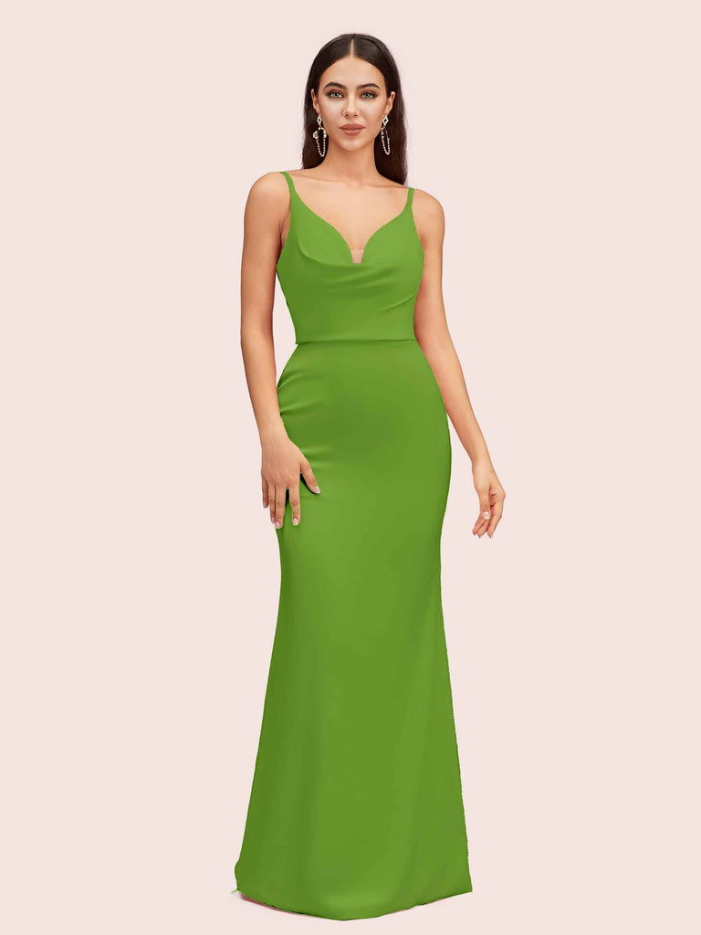 Sexy Spaghetti Straps Cowl Neck Backless Soft Satin Mermaid Formal Prom Dresses