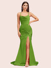 Sexy Backless Mermaid Spaghetti Straps Scoop Long Soft Satin Bridesmaid Dresses With Slit