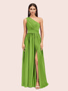 Sexy A-Line One Shoulder Long Side Slit Soft Satin Bridesmaid Dresses
