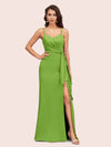 Sexy Spaghetti Straps V-neck Long Mermaid Satin Bridesmaid Dresses With Slit