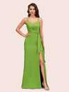 Sexy Spaghetti Straps V-neck Long Mermaid Satin Graduation Prom Dresses With Slit