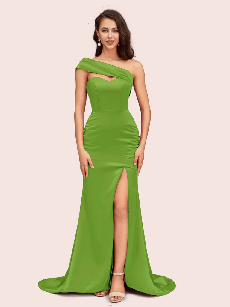 Sexy Mermaid One Shoulder Long Soft Satin Evening Prom Dresses With Slit
