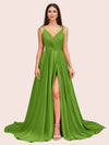 Elegant Spaghetti Straps V-neck Long Soft Satin Side Slit Bridesmaid Dresses