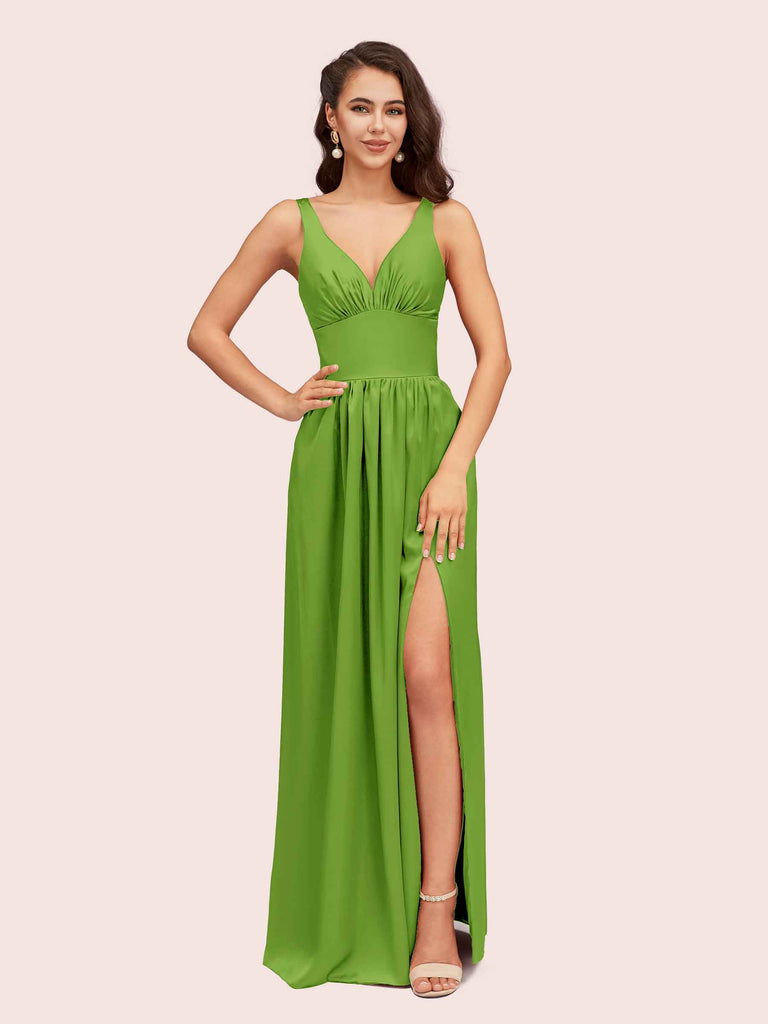 Sexy V Neck Long Soft Satin Side Slit Bridesmaid Dresses Online