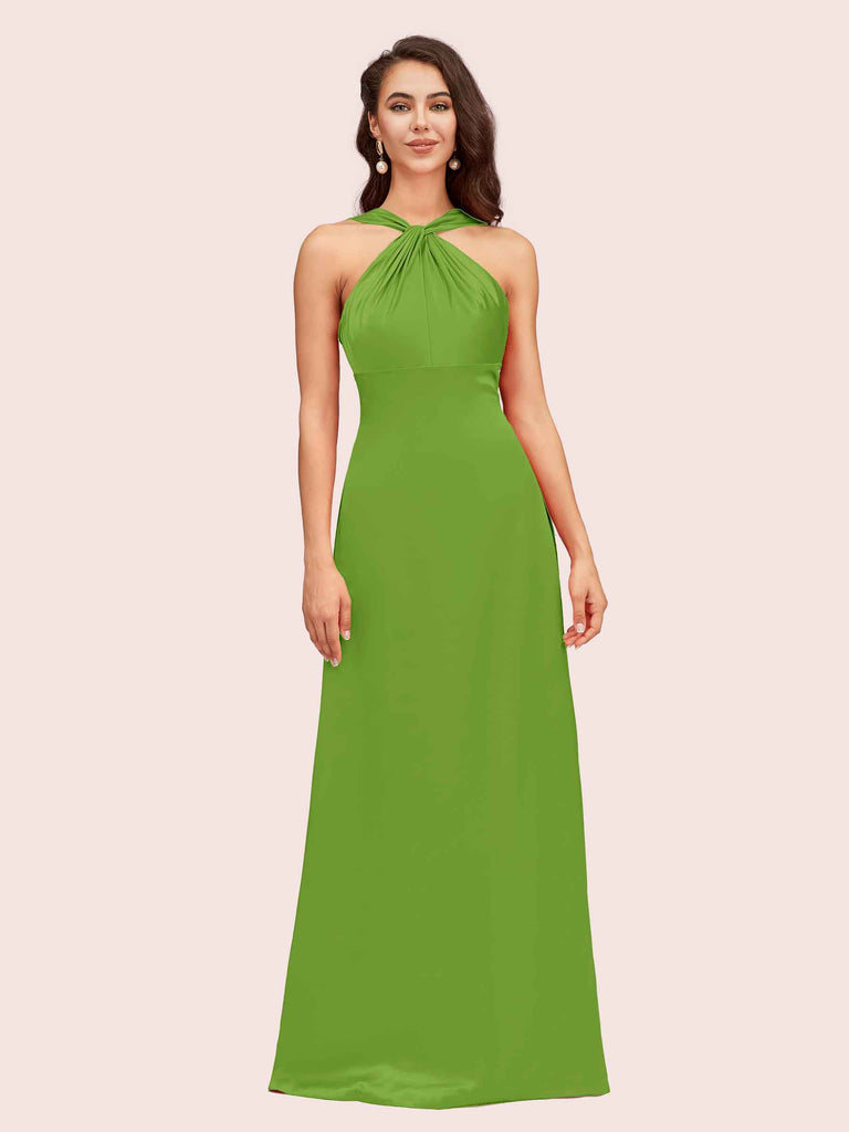 Elegant A-line Halter Sleeveless Floor Length Long Soft Satin Bridesmaid Dresses