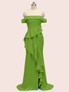 Sexy Off Shoulder Ruffles Long Soft Satin Party Prom Dresses With Slit
