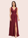 Sexy V-neck Long Side Slit Silk Satin Evening Prom Dresses Online