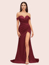 Sexy Side Slit Off Shoulder Long Silky Satin Mermaid Formal Prom Dresses Online