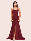 Sexy Backless Mermaid Spaghetti Straps Long Soft Satin Bridesmaid Dresses With Slit