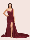 Sexy Mermaid One Shoulder Long Soft Satin Side Slit Evening Prom Dresses Online