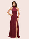 Elegant Halter Open Back Long Side Split Long Soft Satin Formal Prom Dresses