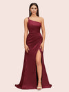 Sexy Soft Satin One Shoulder Side Slit Silky Long Mermaid Prom Dresses Online
