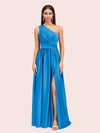 Sexy A-Line One Shoulder Long Side Slit Soft Satin Bridesmaid Dresses