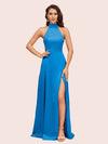 Elegant Halter Open Back Long Side Split Long Soft Satin Formal Prom Dresses