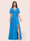 Elegant A-line V-neck Short Sleeves Long Bridesmaid Dresses With Slit