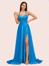Elegant A-line Spaghetti Straps Long Soft Satin Bridesmaid Dresses With Slit For Sale