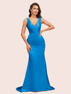 Sexy V-Neck Mermaid Long Silky Satin Formal Prom Dresses For Women