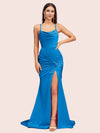 Sexy Backless Mermaid Spaghetti Straps Scoop Long Soft Satin Bridesmaid Dresses With Slit