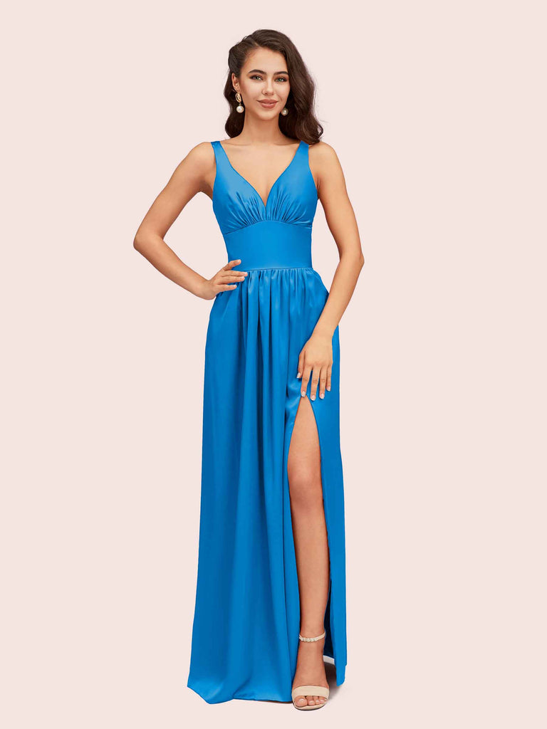 Sexy V Neck Long Soft Satin Side Slit Bridesmaid Dresses Online