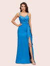 Sexy Spaghetti Straps V-neck Long Mermaid Satin Graduation Prom Dresses With Slit
