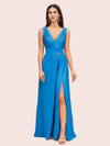 Sexy V-neck Long Side Slit Soft Satin Bridesmaid Dresses Online