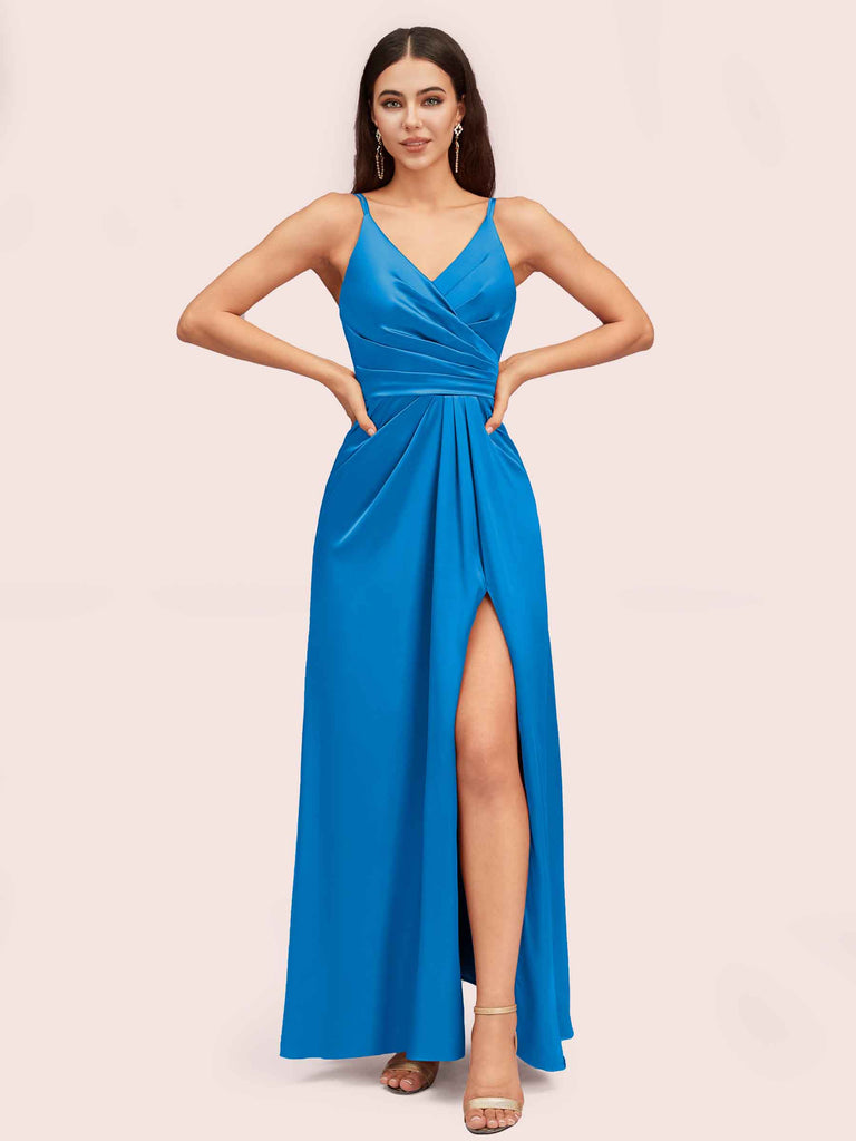 Cetims Chic Spaghetti Straps V Neck Long Satin Bridesmaid Dress With Side Split Ideal for Wedding Guests Blue