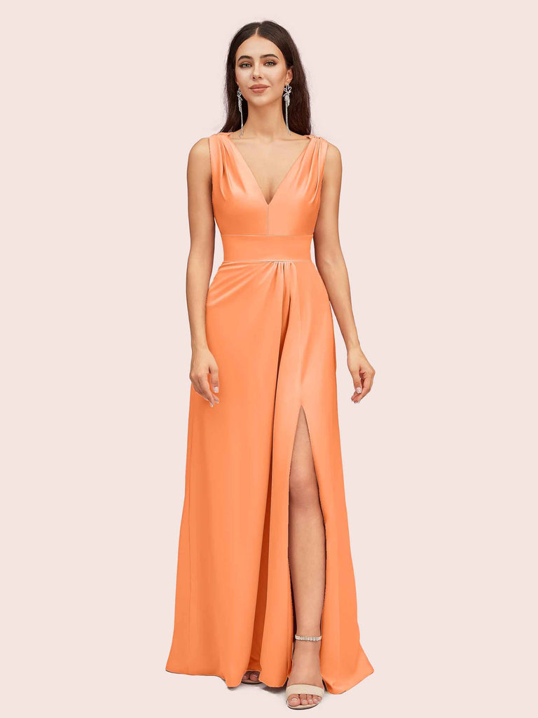 Sexy V-neck Long Side Slit Silk Satin Evening Prom Dresses Online Sexy V-neck Long Side Slit Silk Satin Evening Prom Dresses Online