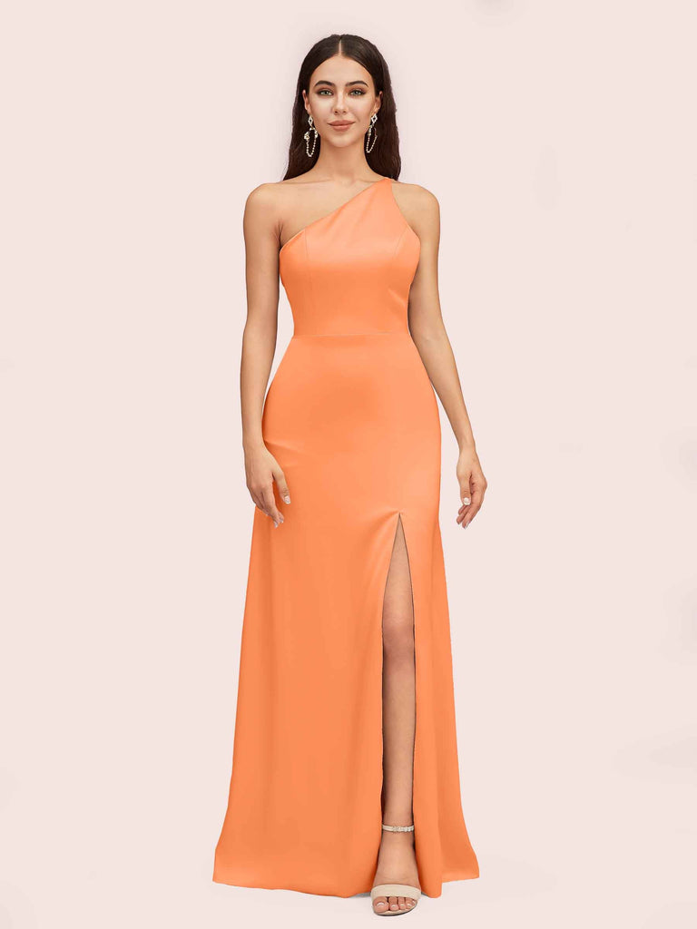 Simple Silky Satin One Shoulder Long Side Slit Formal Prom Dresses Online