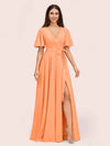 Elegant A-line V-neck Short Sleeves Long Bridesmaid Dresses With Slit
