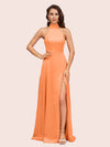 Elegant A-line High Neck Long Side Split Long Soft Satin Bridesmaid Dresses For Sale