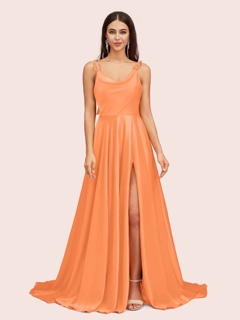 Elegant A-line Spaghetti Straps Long Silky Satin Evening Prom Dresses With Slit