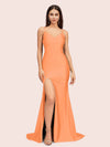 Simple Mermaid Spaghetti Straps Side Slit Long Soft Satin Formal Prom Dresses 2023