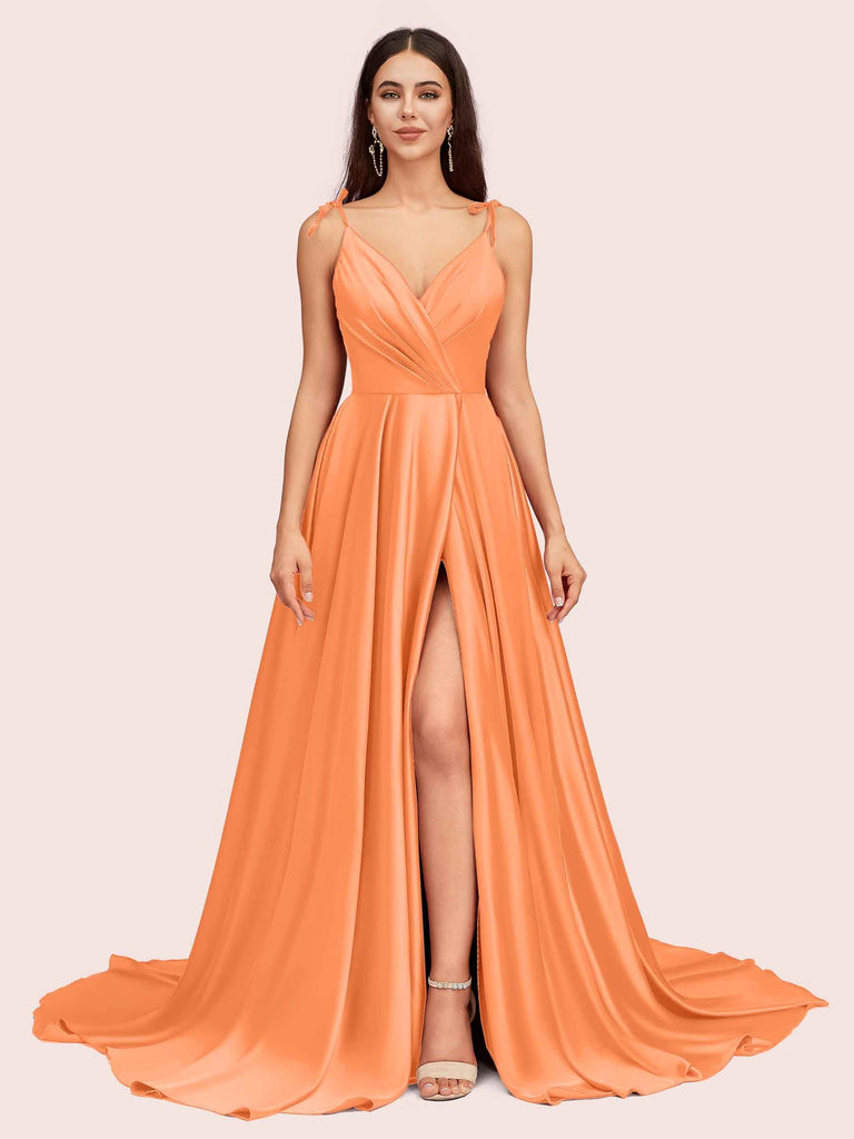 Elegant Spaghetti Straps V-neck Long Soft Satin Side Slit Bridesmaid Dresses For Sale