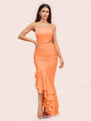 Sexy Unique Mermaid Spaghetti Straps Asymmetrical Soft Satin Formal Prom Dresses
