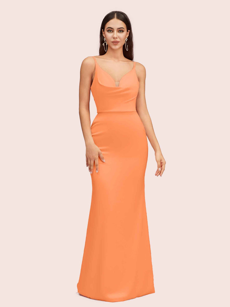 Sexy Spaghetti Straps Cowl Neck Backless Soft Satin Mermaid Formal Prom Dresses