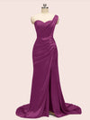 Sexy One Shoulder Long Soft Satin Mermaid Party Prom Dresses With Slit