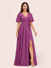 Elegant A-line V-neck Short Sleeves Long Bridesmaid Dresses With Slit