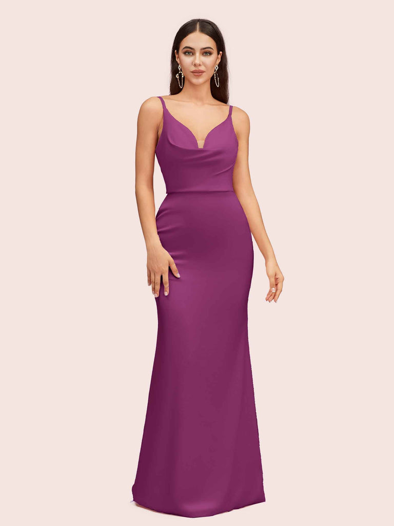 Sexy Spaghetti Straps Cowl Neck Backless Soft Satin Mermaid Formal Prom Dresses