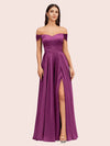 Sexy Off Shoulder Side Slit A-Line Long Soft Satin Bridesmaid Dresses Online