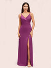 Simple Soft Satin Sexy Spaghetti Straps Long Side Slit Bridesmaid Dresses