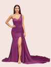 Sexy Mermaid One Shoulder Long Soft Satin Side Slit Bridesmaid Dresses For Sale