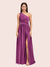 Sexy A-Line One Shoulder Long Side Slit Soft Satin Bridesmaid Dresses