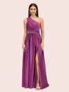 Unique One Shoulder Long Side Slit Soft Satin Graduation Prom Dresses 2023