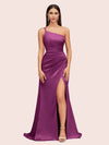 Sexy Soft Satin One Shoulder Side Slit Silky Long Mermaid Prom Dresses Online