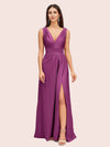 Sexy V-neck Long Side Slit Soft Satin Bridesmaid Dresses Online